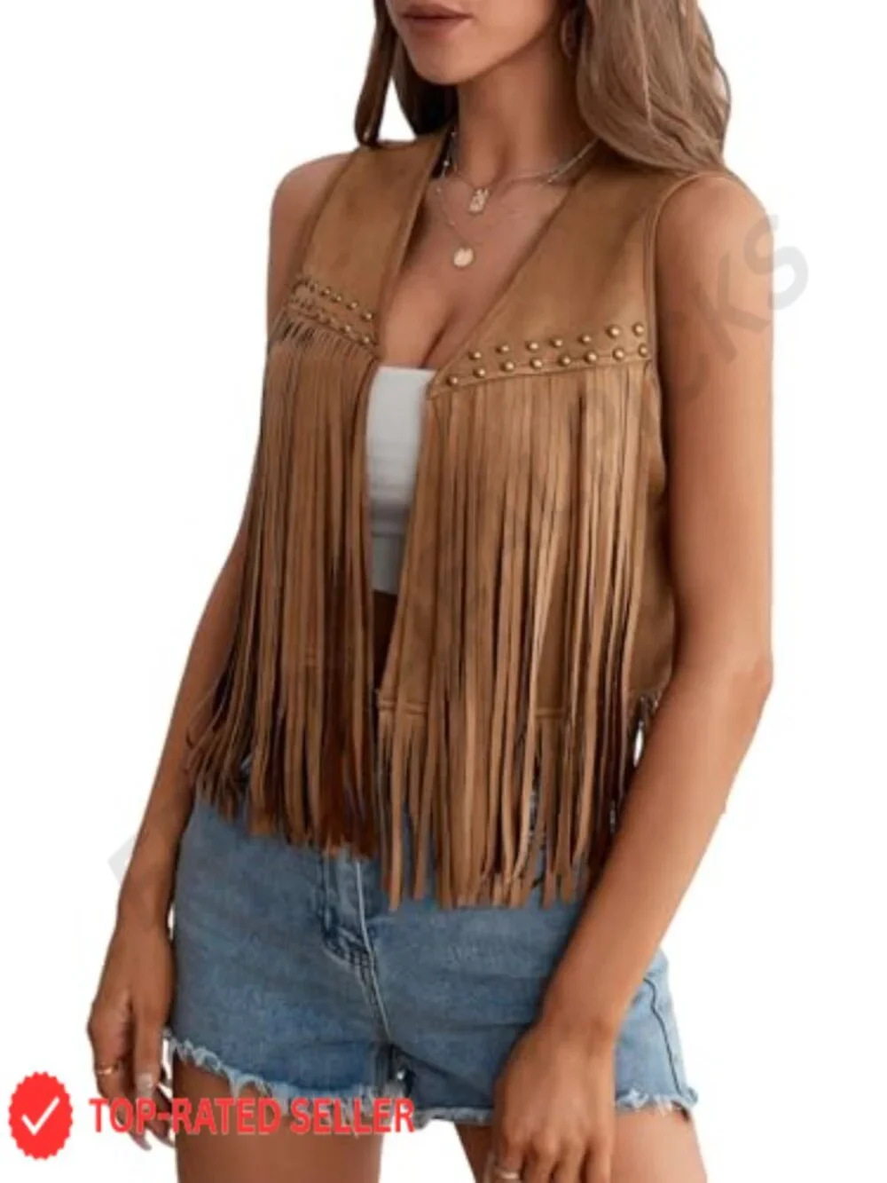 Faux Suede Fringe Vest for Women 70s Cowgirl Concert Outfit Tassel Sleeveless